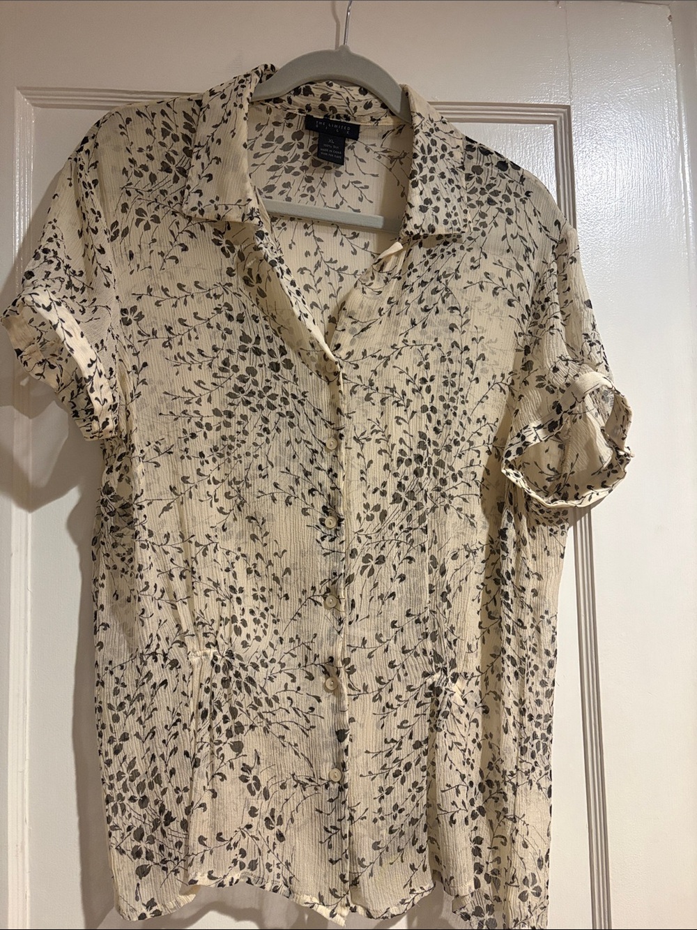 The Limited Cream Short-Sleeve Button Front Blouse with Black Leaf Print